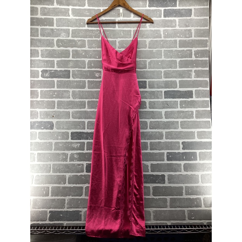Saints & Secrets Pink Satin Lace Trim Slit Maxi Dress NWT Size S